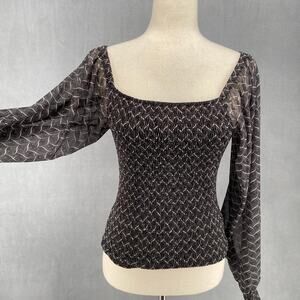 Anthropologie Rouen Smocked Sheer‎ Balloon Sleeve Top Womens Small Black White